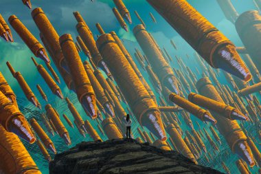 İnsan silueti ve kalemlerle soyut bir arkaplan 