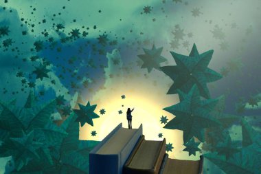 İnsan silueti ve yıldızlı soyut arkaplan 