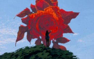 İnsan silueti ve güllerle soyut bir arkaplan 