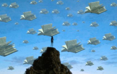 İnsan silueti ve kitaplarla soyut bir arkaplan 