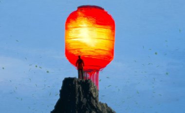 İnsan silueti ve Çin fenerleriyle soyut bir arkaplan