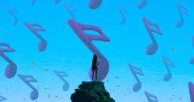 İnsan silueti ve notlarla soyut arkaplan