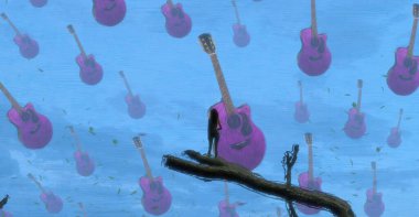 İnsan silueti ve müzik aletleriyle soyut arkaplan