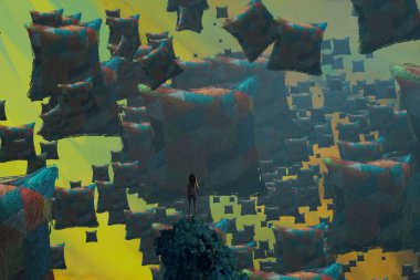 İnsan silueti ve yastıklarla soyut bir arkaplan