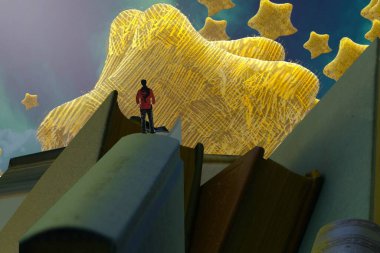 İnsan silueti ve yıldızlı soyut arkaplan