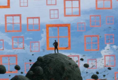 İnsan silueti ve pencereli soyut arkaplan 