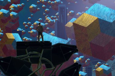 İnsan silueti ve soyut biçimlerle soyut arkaplan 