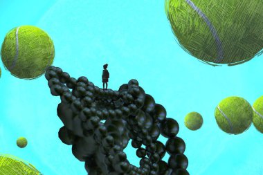 İnsan silueti ve tenis toplarıyla soyut bir arkaplan