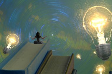 İnsan silueti ve ampullerle soyut arkaplan