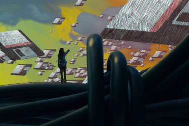 İnsan silüeti ve disklerle soyut arkaplan