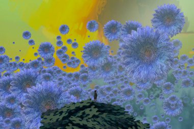 İnsan silueti ve çiçeklerle soyut bir arkaplan 