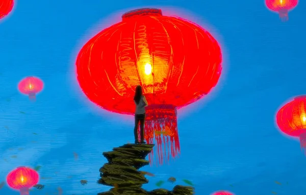 Sfondo Astratto Con Silhouette Umana Lanterne Cinesi — Foto Stock