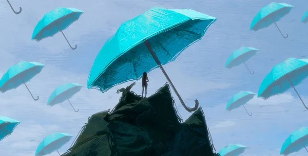 Abstrakt Bakgrund Med Mänsklig Siluett Och Paraplyer — Stockfoto