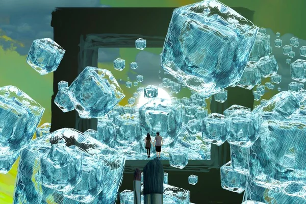 人間のシルエットと氷のキューブと抽象的な背景 — ストック写真
