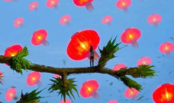 Fundo Abstrato Com Silhueta Humana Lanternas Chinesas — Fotografia de Stock