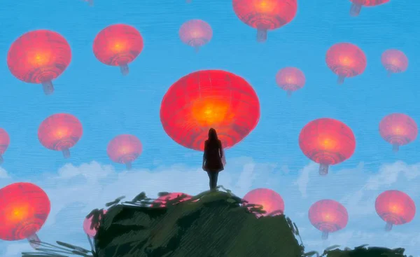 Fond Abstrait Avec Silhouette Humaine Lanternes Chinoises — Photo