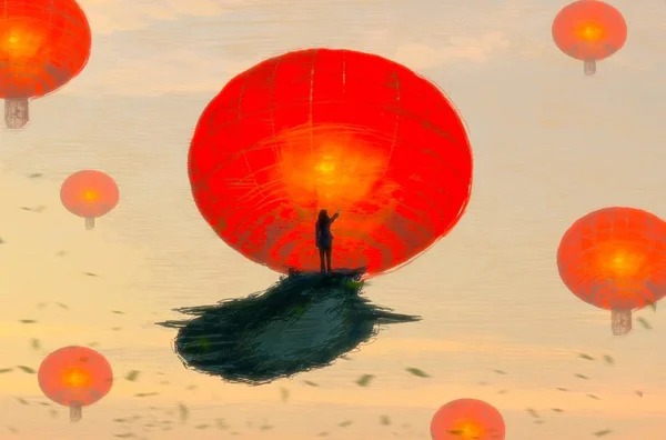 Abstrakcyjne Tło Sylwetką Człowieka Chińskimi Latarniami — Zdjęcie stockowe