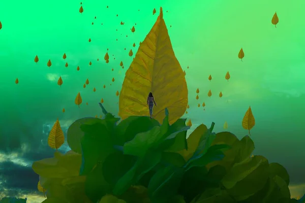 Abstrakter Hintergrund Mit Menschlicher Silhouette Und Blättern — Stockfoto
