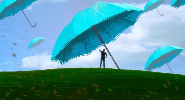 Abstraktní Pozadí Lidskou Siluetou Deštníky — Stock fotografie