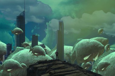 İnsan silueti ve hayvanlarla soyut arkaplan