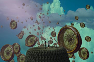 İnsan silueti ve pusulaları olan soyut bir arkaplan