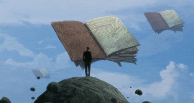 İnsan silueti ve kitaplarla soyut bir arkaplan