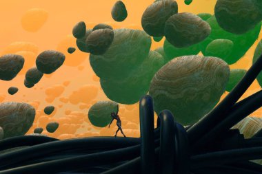 İnsan silueti ve soyut biçimlerle soyut arkaplan  