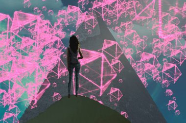 İnsan silueti ve soyut biçimlerle soyut arkaplan  