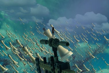 İnsan silueti ve satranç taşlarıyla soyut bir arkaplan