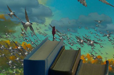 İnsan silueti ve kuşlarla soyut bir arkaplan