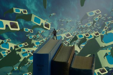 İnsan silueti ve 3D gözlüklü soyut arkaplan 