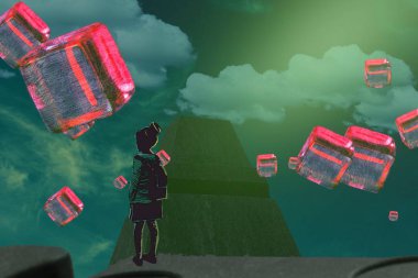 İnsan silueti ve soyut biçimlerle soyut arkaplan  