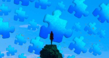 İnsan silueti ve bulmaca parçalarıyla soyut arkaplan 