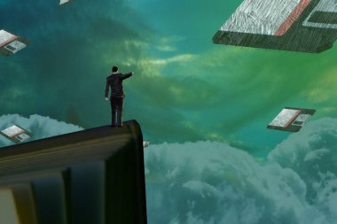 İnsan silüeti ve disklerle soyut arkaplan