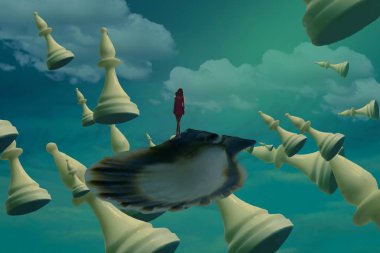 İnsan silueti ve satranç taşlarıyla soyut bir arkaplan