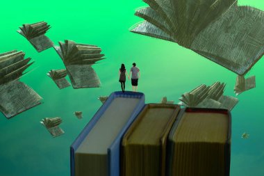 İnsan silueti ve kitaplarla soyut bir arkaplan