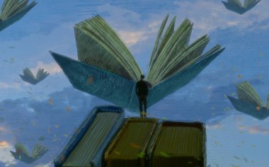 İnsan silueti ve kitaplarla soyut bir arkaplan 