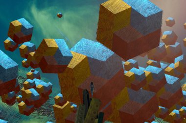 İnsan silueti ve soyut biçimlerle soyut arkaplan 