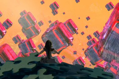 İnsan silueti ve soyut biçimlerle soyut arkaplan  