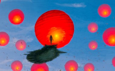 İnsan silueti ve Çin fenerleriyle soyut bir arkaplan