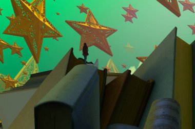 İnsan silueti ve yıldızlı soyut arkaplan