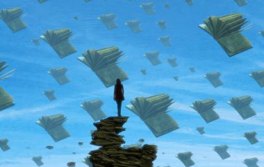 İnsan silueti ve kitaplarla soyut bir arkaplan