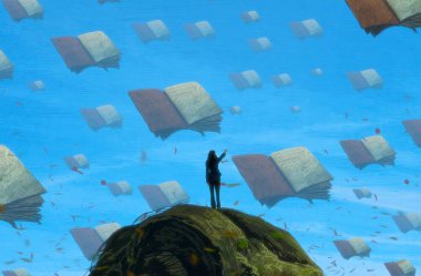 İnsan silueti ve kitaplarla soyut bir arkaplan