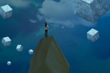 İnsan silueti ve küpleriyle soyut arkaplan