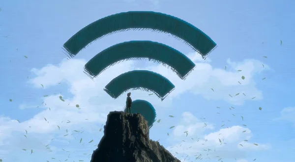 Αφηρημένο Φόντο Ανθρώπινη Σιλουέτα Και Wifi Πινακίδες — Φωτογραφία Αρχείου