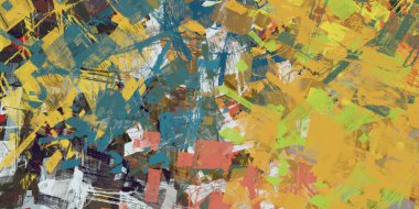 Soyut arka plan sanatı. 2D çizim. Etkileyici yağlı boya resim. Tuvalde fırça darbeleri. Modern sanat. Çok renkli arkaplan. Çağdaş sanat. İfade. Sanatsal dijital palet.