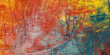 Soyut arka plan sanatı. 2D çizim. Etkileyici yağlı boya resim. Tuvalde fırça darbeleri. Modern sanat. Çok renkli arkaplan. Çağdaş sanat. İfade. Sanatsal dijital palet.