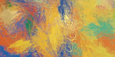 Soyut arka plan sanatı. 2D çizim. Etkileyici yağlı boya resim. Tuvalde fırça darbeleri. Modern sanat. Çok renkli arkaplan. Çağdaş sanat. İfade. Sanatsal dijital palet.