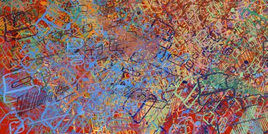 Soyut arka plan sanatı. 2D çizim. Etkileyici yağlı boya resim. Tuvalde fırça darbeleri. Modern sanat. Çok renkli arkaplan. Çağdaş sanat. İfade. Sanatsal dijital palet.