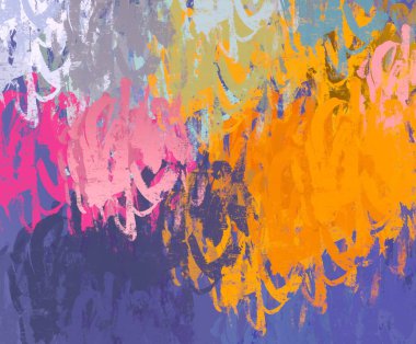 Soyut arka plan sanatı. 2D çizim. Etkileyici yağlı boya resim. Tuvalde fırça darbeleri. Modern sanat. Çok renkli arkaplan. Çağdaş sanat. İfade. Sanatsal dijital palet.